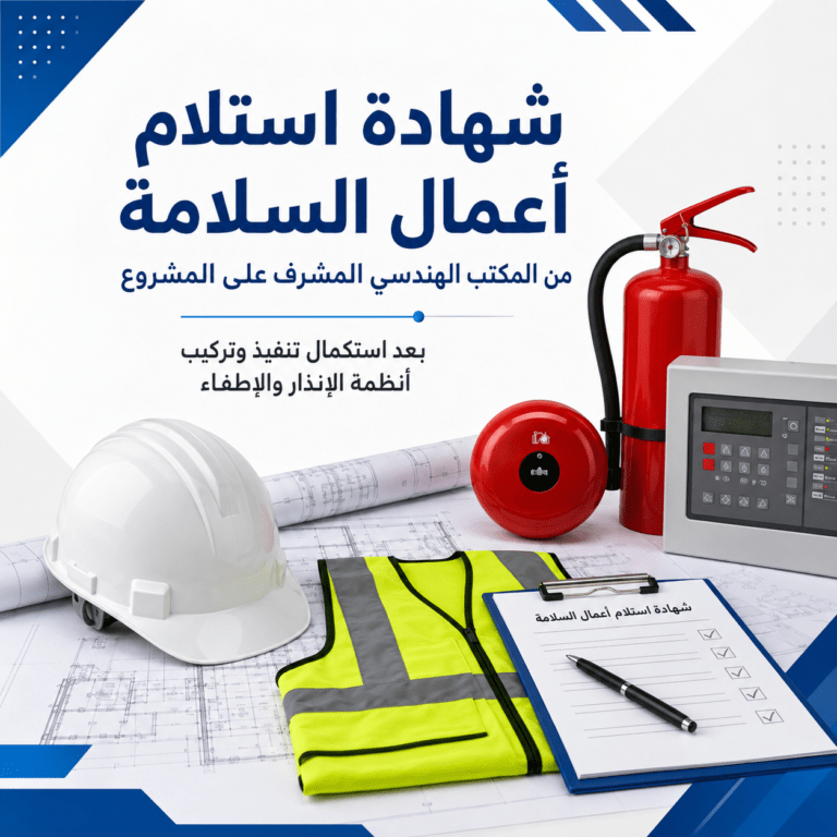 شهادة-استلام-من-المكتب-الهندسي-المشرف-على-المشروع-تسليم-الموقع-للدفاع-المدني-شهادة-مطابقة-اعمال-السلامة-الدفاع-المدني
