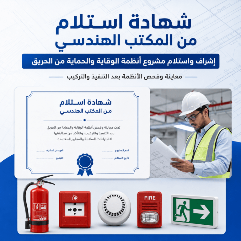 شهادة-استلام-من-المكتب-الهندسي-المشرف-على-المشروع-تسليم-الموقع-للدفاع-المدني-شهادة-مطابقة-اعمال-السلامة-الدفاع-المدني